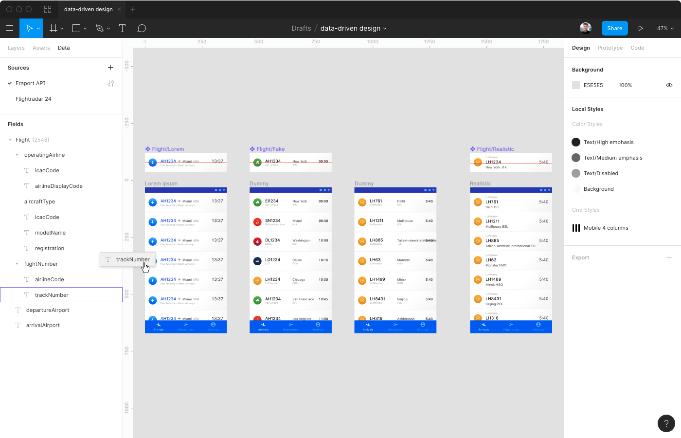 A mock-up of Figma with a data panel
